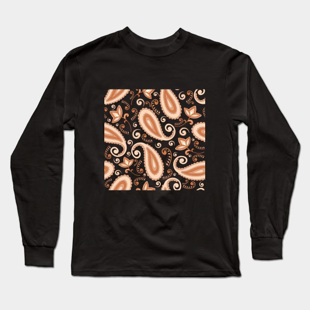 Orange Paisley Pattern Long Sleeve T-Shirt by novaya